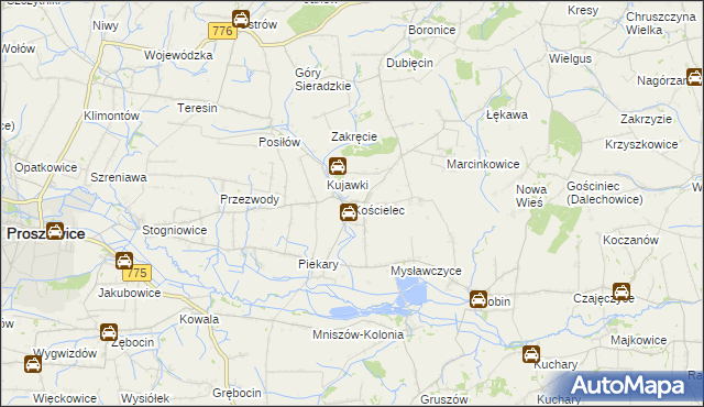 mapa Kościelec gmina Proszowice, Kościelec gmina Proszowice na mapie Targeo