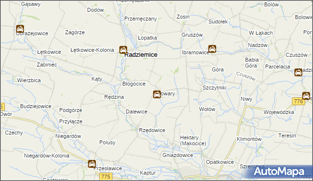 mapa Kowary gmina Radziemice, Kowary gmina Radziemice na mapie Targeo