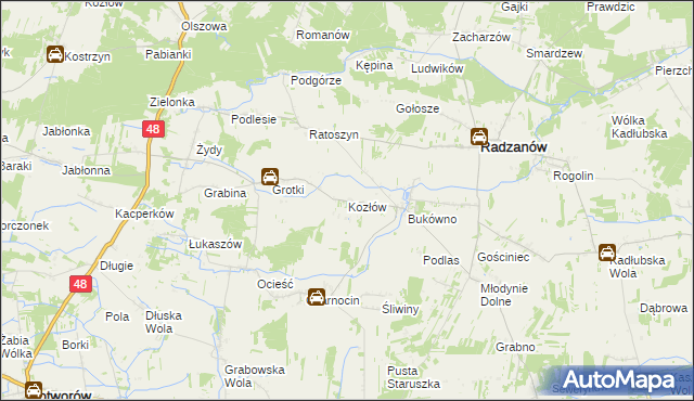 mapa Kozłów gmina Radzanów, Kozłów gmina Radzanów na mapie Targeo