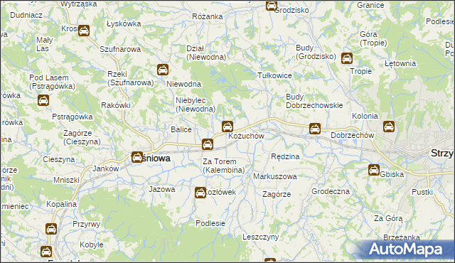 mapa Kożuchów gmina Wiśniowa, Kożuchów gmina Wiśniowa na mapie Targeo