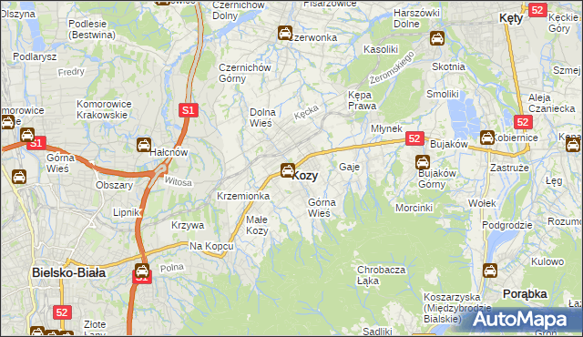 mapa Kozy powiat bielski, Kozy powiat bielski na mapie Targeo