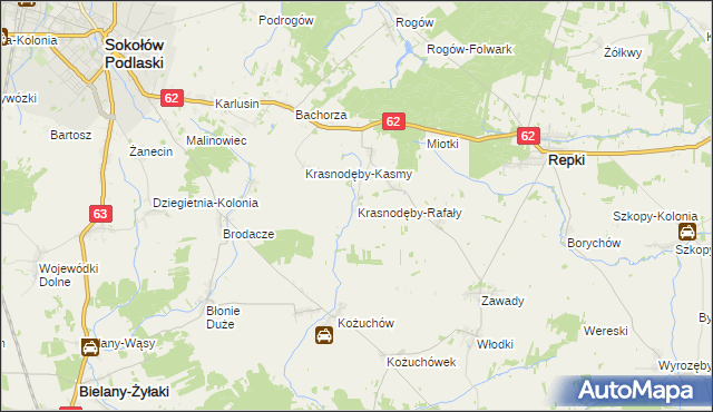 mapa Krasnodęby-Rafały, Krasnodęby-Rafały na mapie Targeo
