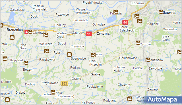 mapa Krzęcin gmina Skawina, Krzęcin gmina Skawina na mapie Targeo