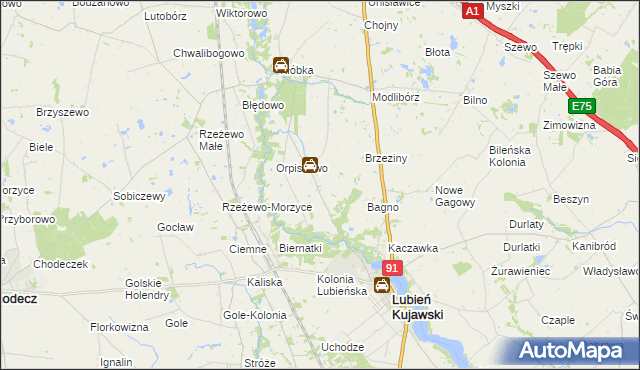 mapa Krzewie gmina Lubień Kujawski, Krzewie gmina Lubień Kujawski na mapie Targeo