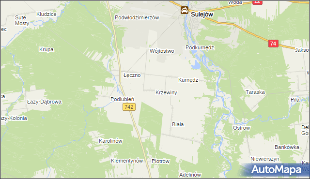 mapa Krzewiny gmina Sulejów, Krzewiny gmina Sulejów na mapie Targeo