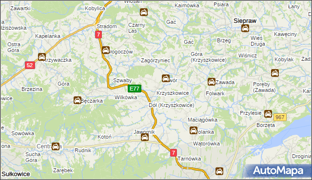 mapa Krzyszkowice gmina Myślenice, Krzyszkowice gmina Myślenice na mapie Targeo