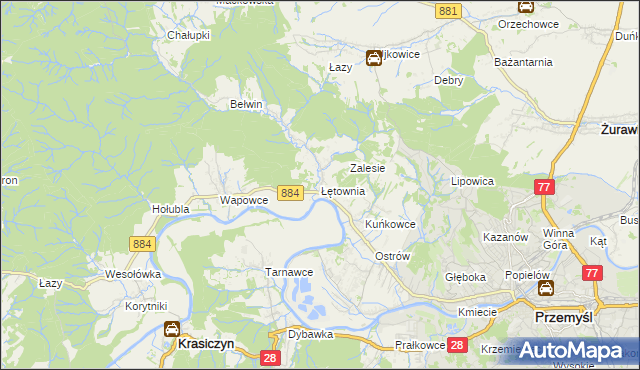 mapa Łętownia gmina Przemyśl, Łętownia gmina Przemyśl na mapie Targeo