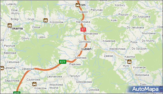 mapa Lubień powiat myślenicki, Lubień powiat myślenicki na mapie Targeo