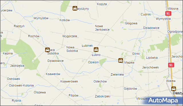 mapa Łubno gmina Daszyna, Łubno gmina Daszyna na mapie Targeo