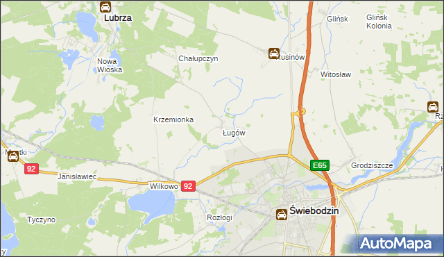 mapa Ługów gmina Świebodzin, Ługów gmina Świebodzin na mapie Targeo