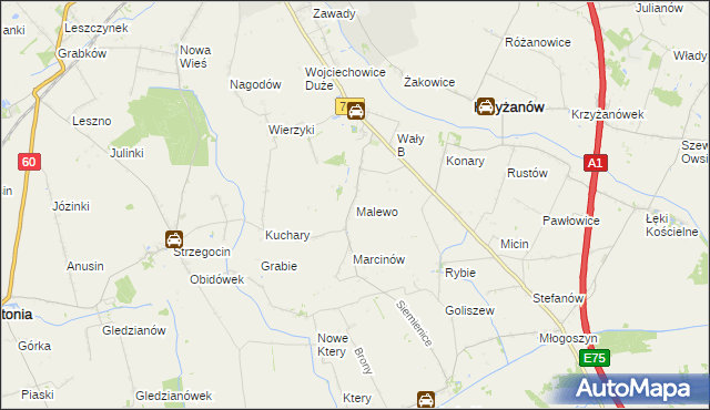 mapa Malewo gmina Krzyżanów, Malewo gmina Krzyżanów na mapie Targeo