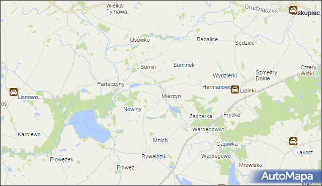 mapa Mierzyn gmina Biskupiec, Mierzyn gmina Biskupiec na mapie Targeo