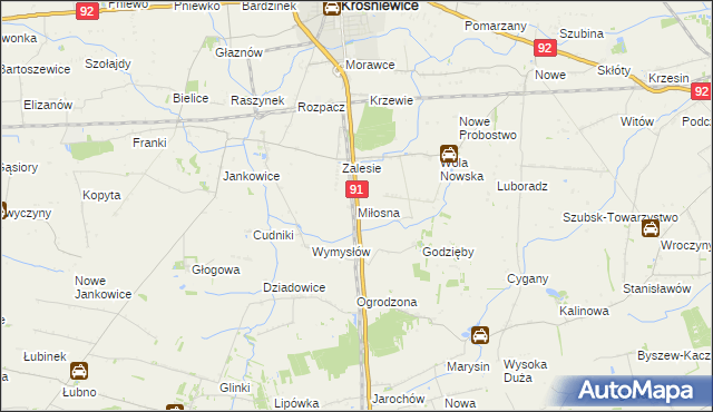 mapa Miłosna gmina Krośniewice, Miłosna gmina Krośniewice na mapie Targeo