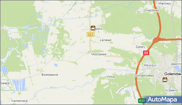 mapa Modrzewie gmina Goleniów, Modrzewie gmina Goleniów na mapie Targeo