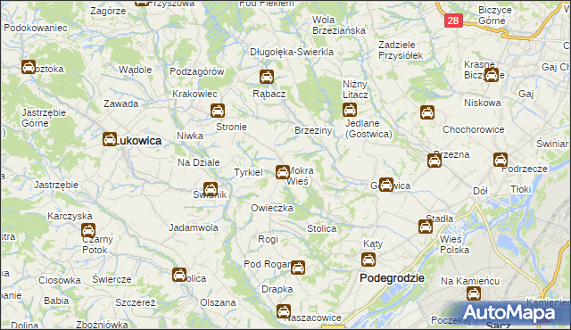 mapa Mokra Wieś gmina Podegrodzie, Mokra Wieś gmina Podegrodzie na mapie Targeo