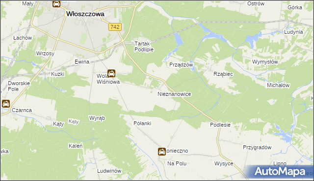 mapa Nieznanowice gmina Włoszczowa, Nieznanowice gmina Włoszczowa na mapie Targeo