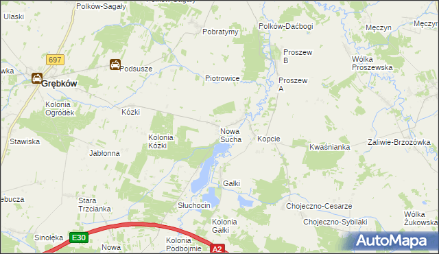 mapa Nowa Sucha gmina Grębków, Nowa Sucha gmina Grębków na mapie Targeo