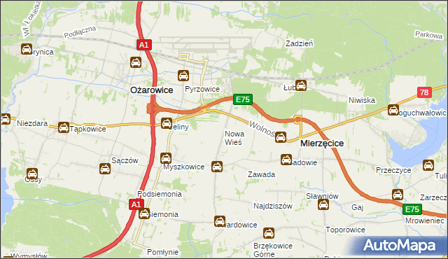 mapa Nowa Wieś gmina Mierzęcice, Nowa Wieś gmina Mierzęcice na mapie Targeo