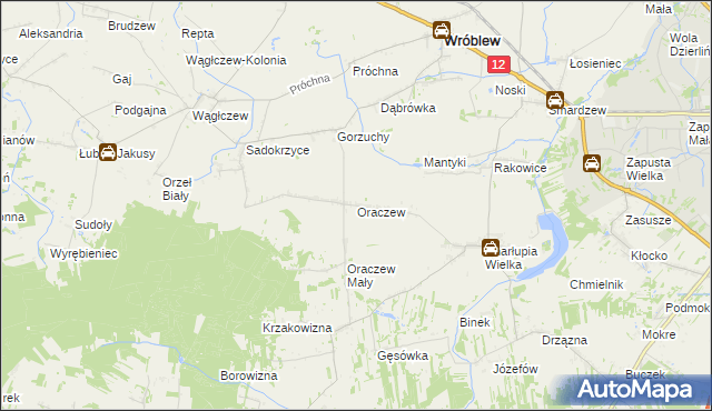 mapa Oraczew gmina Wróblew, Oraczew gmina Wróblew na mapie Targeo