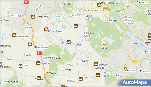 mapa Osiek gmina Koziegłowy, Osiek gmina Koziegłowy na mapie Targeo