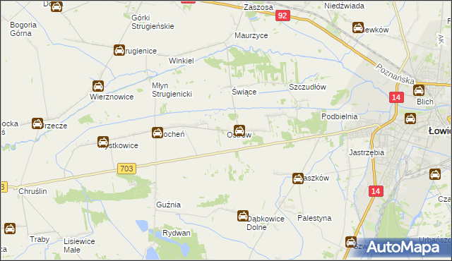 mapa Ostrów gmina Łowicz, Ostrów gmina Łowicz na mapie Targeo