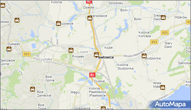 mapa Pawłowice powiat pszczyński, Pawłowice powiat pszczyński na mapie Targeo