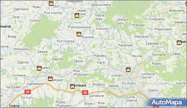 mapa Piekiełko gmina Tymbark, Piekiełko gmina Tymbark na mapie Targeo