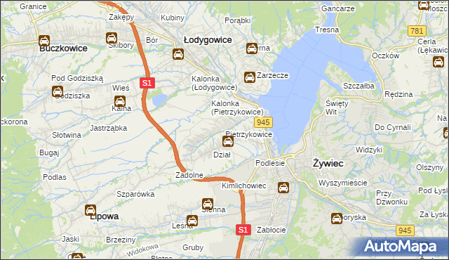 mapa Pietrzykowice gmina Łodygowice, Pietrzykowice gmina Łodygowice na mapie Targeo