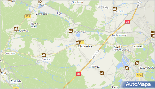 mapa Pilchowice powiat gliwicki, Pilchowice powiat gliwicki na mapie Targeo