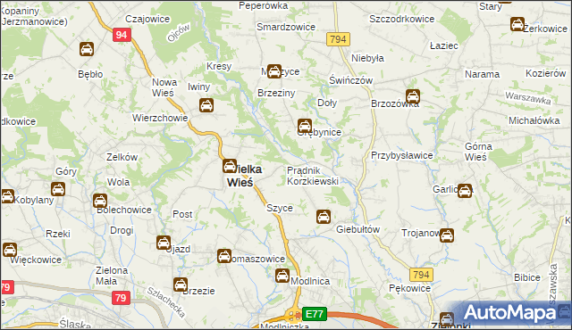 mapa Prądnik Korzkiewski, Prądnik Korzkiewski na mapie Targeo