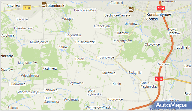 mapa Prusinowice gmina Lutomiersk, Prusinowice gmina Lutomiersk na mapie Targeo