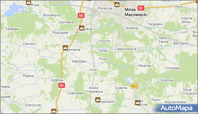 mapa Prusy gmina Mińsk Mazowiecki, Prusy gmina Mińsk Mazowiecki na mapie Targeo