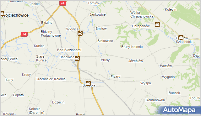 mapa Prusy gmina Ożarów, Prusy gmina Ożarów na mapie Targeo