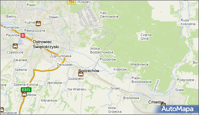 mapa Przyborów gmina Bodzechów, Przyborów gmina Bodzechów na mapie Targeo