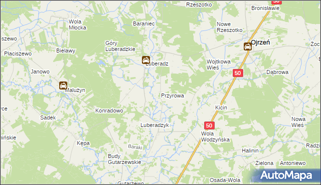 mapa Przyrowa gmina Ojrzeń, Przyrowa gmina Ojrzeń na mapie Targeo