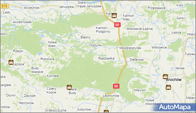 mapa Radziwiłka gmina Młodzieszyn, Radziwiłka gmina Młodzieszyn na mapie Targeo