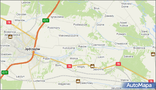 mapa Raków gmina Jędrzejów, Raków gmina Jędrzejów na mapie Targeo