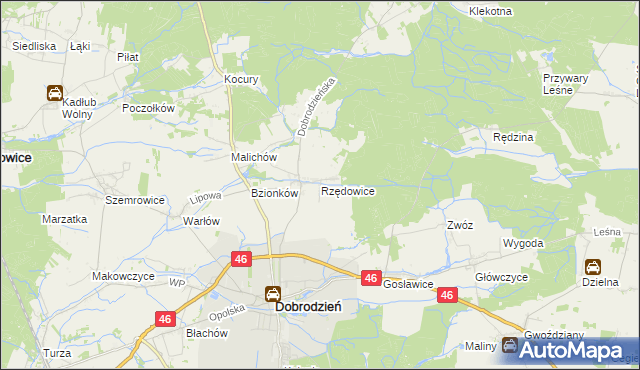 mapa Rzędowice gmina Dobrodzień, Rzędowice gmina Dobrodzień na mapie Targeo