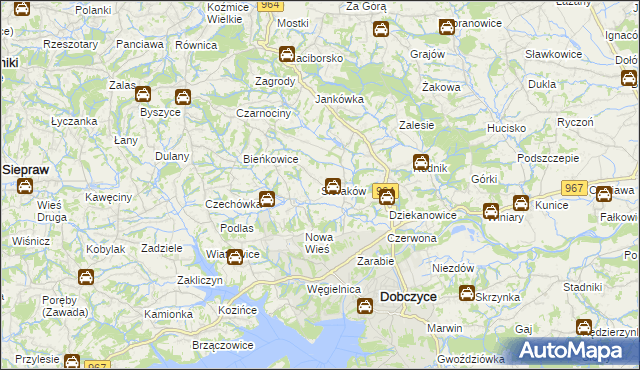 mapa Sieraków gmina Dobczyce, Sieraków gmina Dobczyce na mapie Targeo