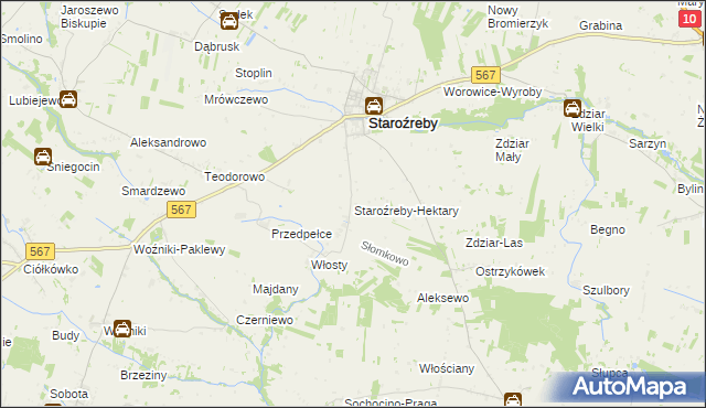 mapa Staroźreby-Hektary, Staroźreby-Hektary na mapie Targeo