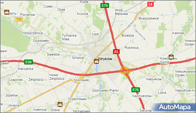 mapa Stryków powiat zgierski, Stryków powiat zgierski na mapie Targeo
