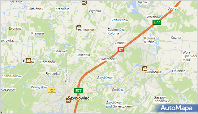 mapa Świerczek gmina Szydłowiec, Świerczek gmina Szydłowiec na mapie Targeo