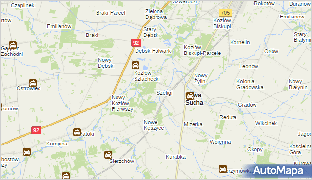 mapa Szeligi gmina Nowa Sucha, Szeligi gmina Nowa Sucha na mapie Targeo