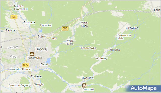 mapa Teodorówka gmina Biłgoraj, Teodorówka gmina Biłgoraj na mapie Targeo
