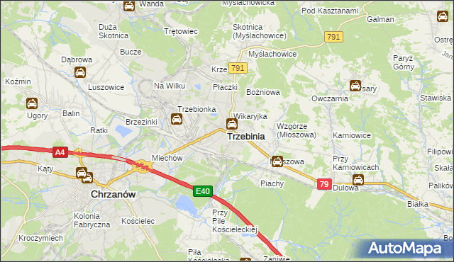 mapa Trzebinia powiat chrzanowski, Trzebinia powiat chrzanowski na mapie Targeo