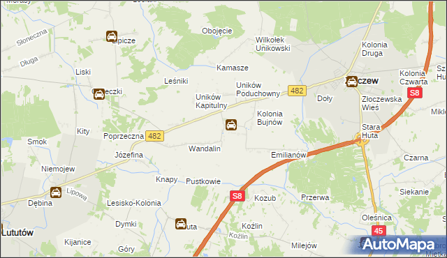 mapa Uników gmina Złoczew, Uników gmina Złoczew na mapie Targeo