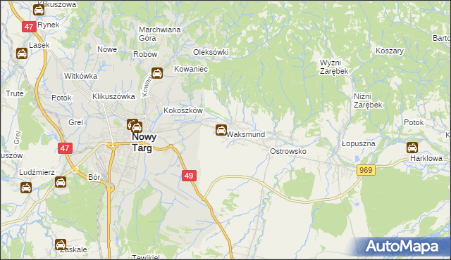 mapa Waksmund, Waksmund na mapie Targeo