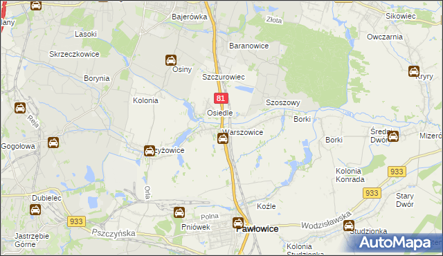 mapa Warszowice, Warszowice na mapie Targeo