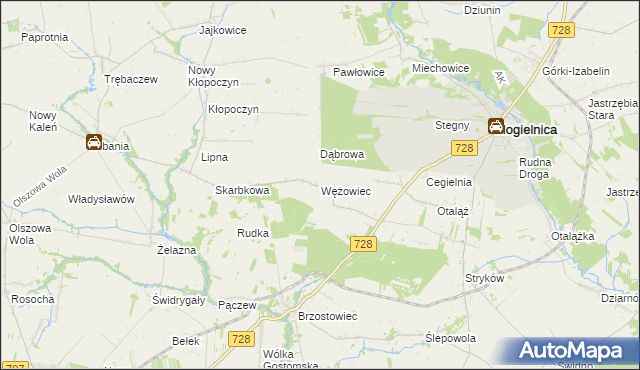 mapa Wężowiec gmina Mogielnica, Wężowiec gmina Mogielnica na mapie Targeo