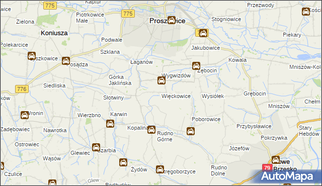 mapa Więckowice gmina Proszowice, Więckowice gmina Proszowice na mapie Targeo